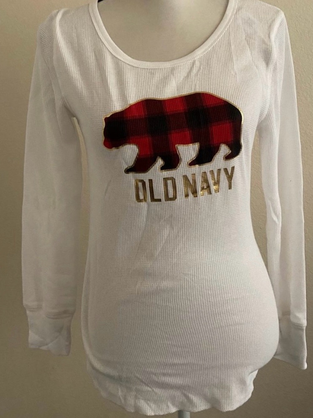 Old Navy White Waffle Thermal with Red Plaid Bear Graphic